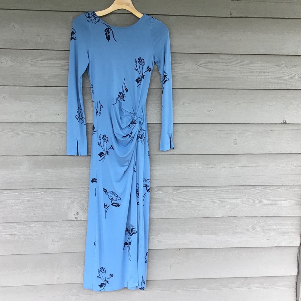 Free People Sky Blue Floral Side-Ruched Long Sleeve Maxi Dress XS